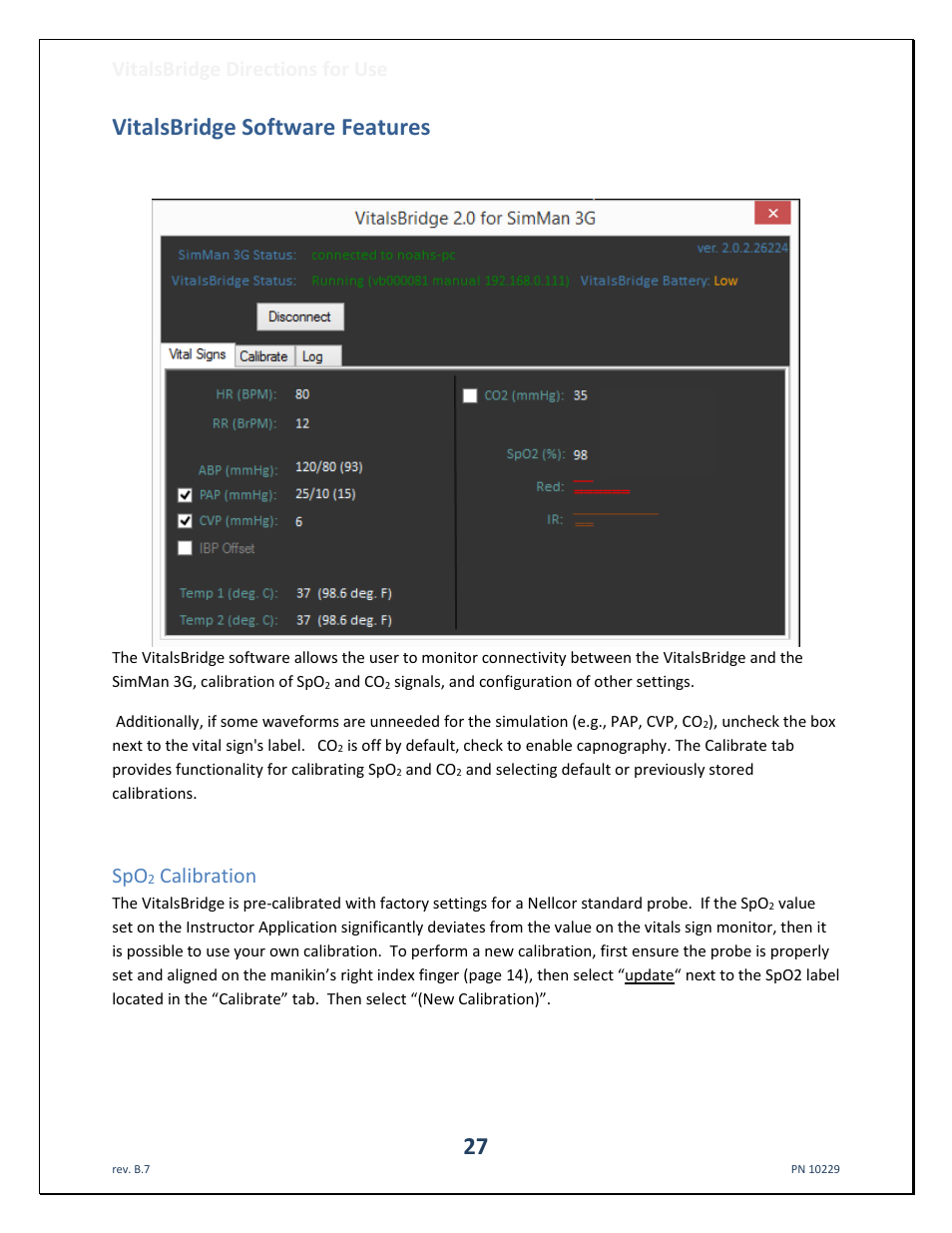 Vitalsbridge software features, Calibration, Vitalsbridge directions for use | Laerdal VitalsBridge User Manual | Page 28 / 39