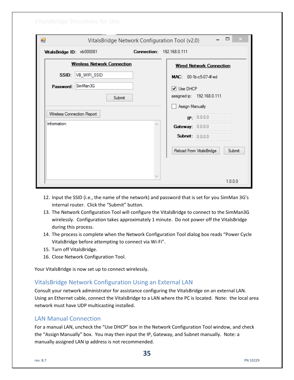 Vitalsbridge directions for use, Lan manual connection | Laerdal VitalsBridge User Manual | Page 36 / 39