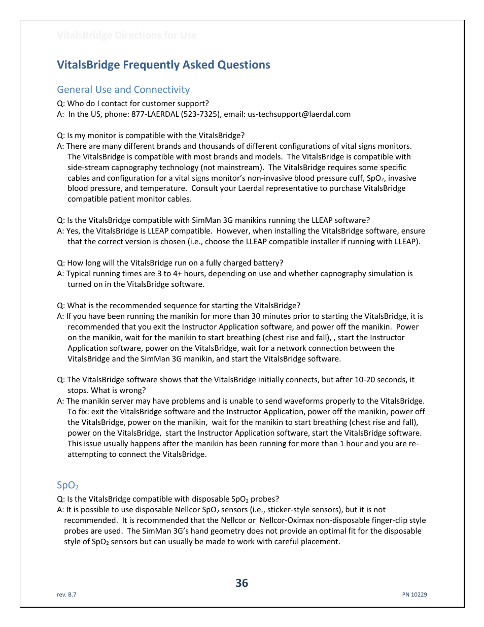 Vitalsbridge frequently asked questions, Vitalsbridge directions for use, General use and connectivity | Laerdal VitalsBridge User Manual | Page 37 / 39