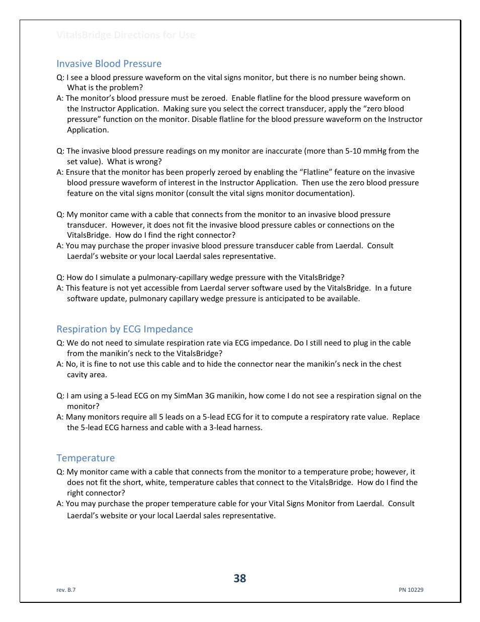 Vitalsbridge directions for use, Invasive blood pressure, Respiration by ecg impedance | Temperature | Laerdal VitalsBridge User Manual | Page 39 / 39