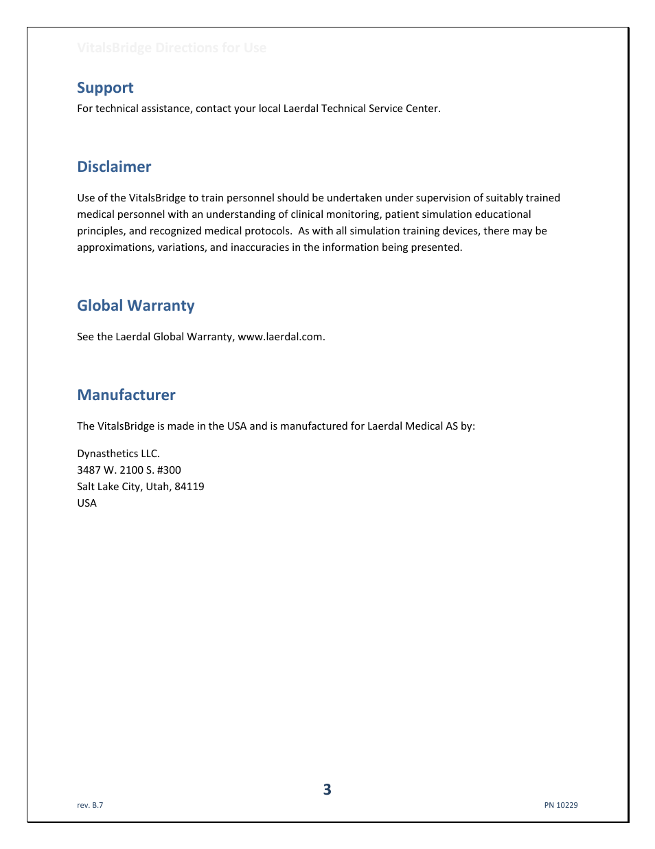 Support, Disclaimer, Global warranty | Manufacturer | Laerdal VitalsBridge User Manual | Page 4 / 39
