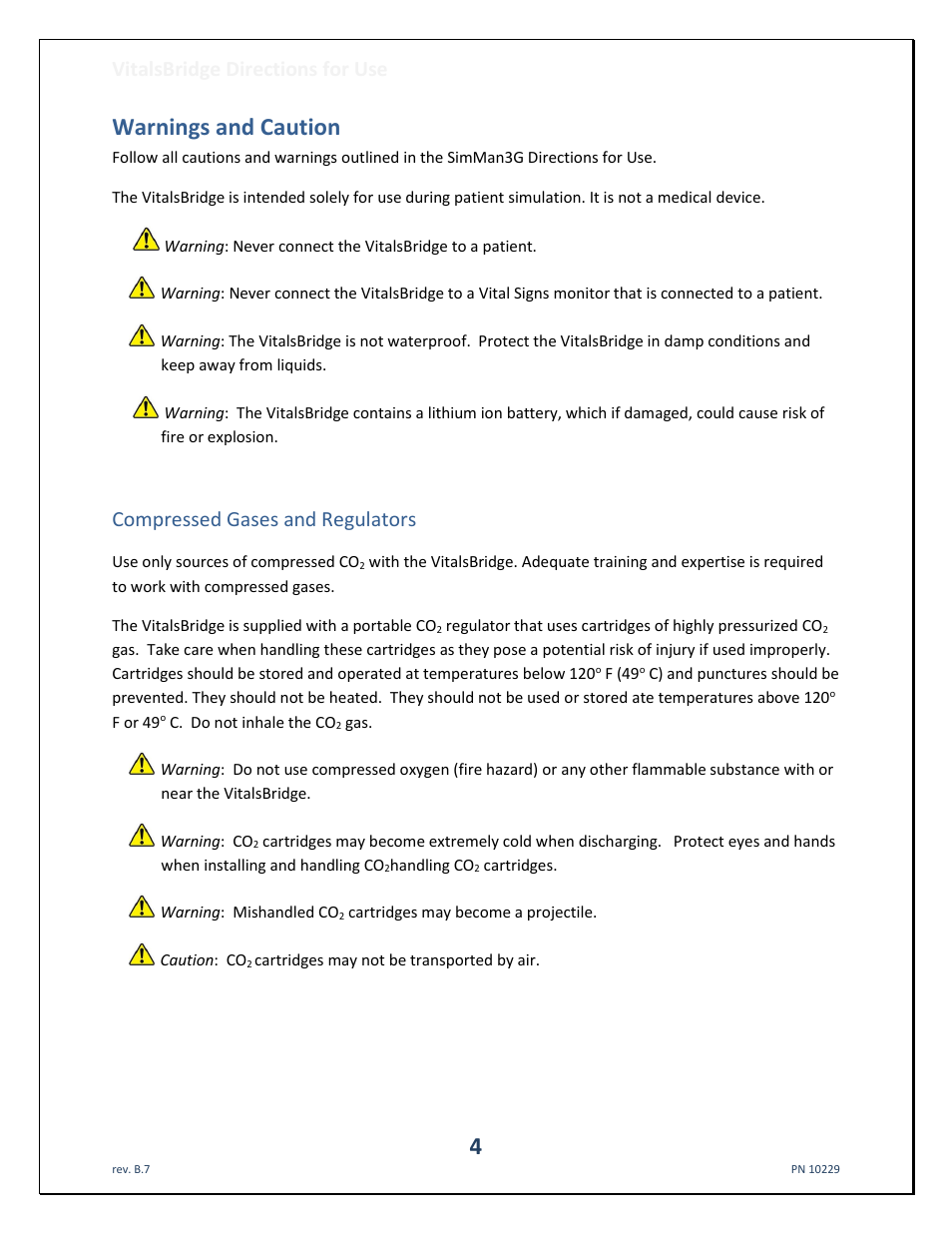 Warnings and caution, Vitalsbridge directions for use, Compressed gases and regulators | Laerdal VitalsBridge User Manual | Page 5 / 39