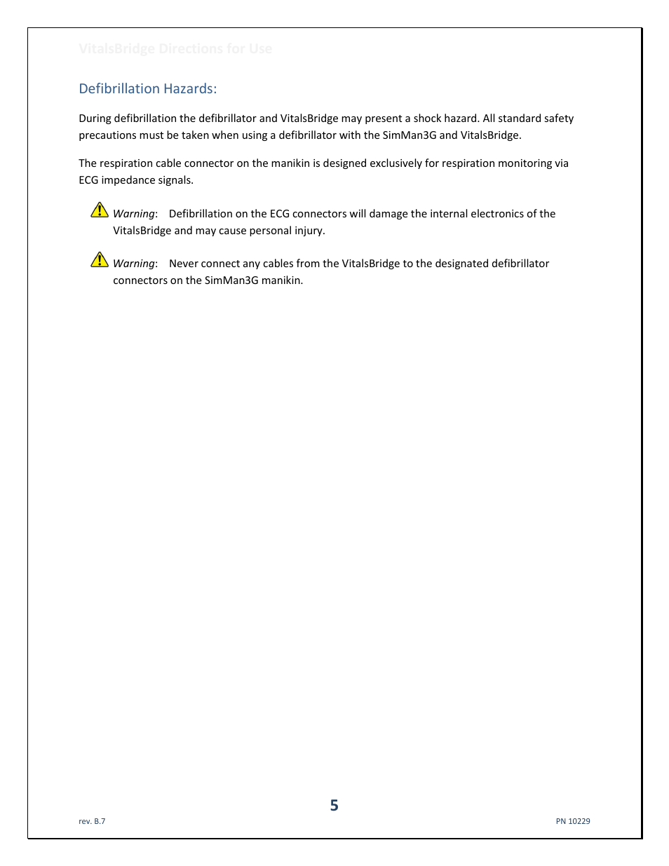 Vitalsbridge directions for use, Defibrillation hazards | Laerdal VitalsBridge User Manual | Page 6 / 39