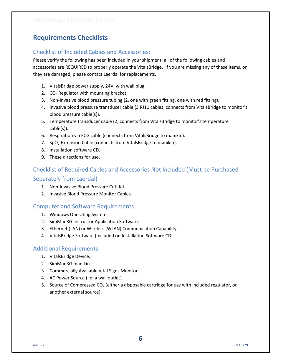 Requirements checklists, Vitalsbridge directions for use, Checklist of included cables and accessories | Computer and software requirements, Additional requirements | Laerdal VitalsBridge User Manual | Page 7 / 39