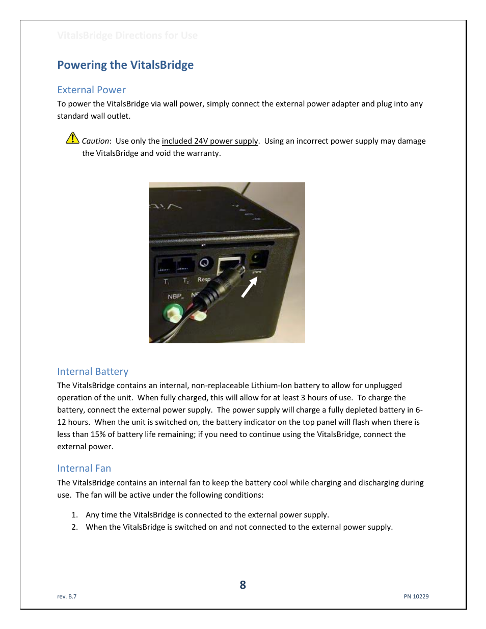 Powering the vitalsbridge, External power, Internal battery | Internal fan | Laerdal VitalsBridge User Manual | Page 9 / 39