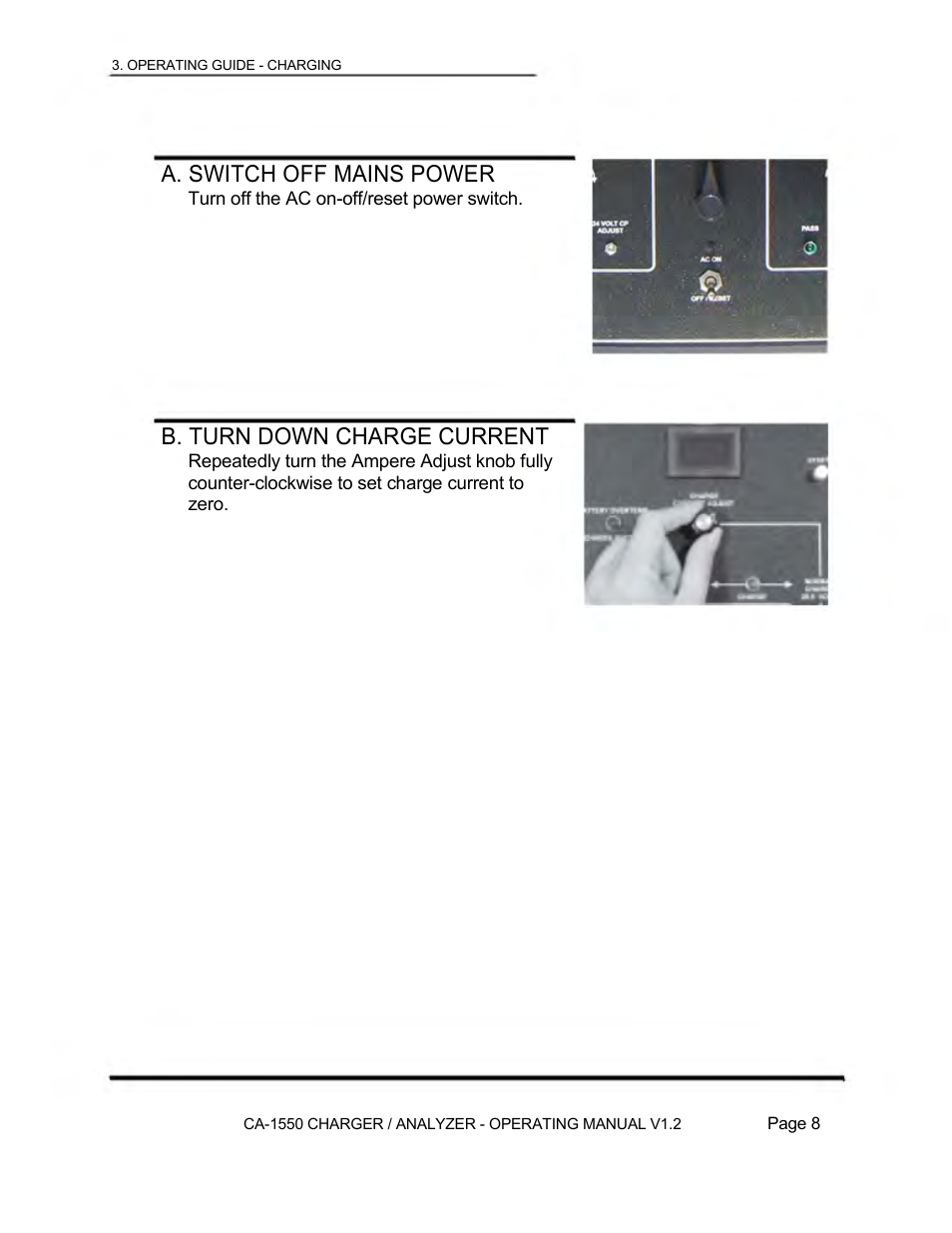 A. switch off mains power, B. turn down charge current | Lamar Technologies CA 1550 User Manual | Page 10 / 41