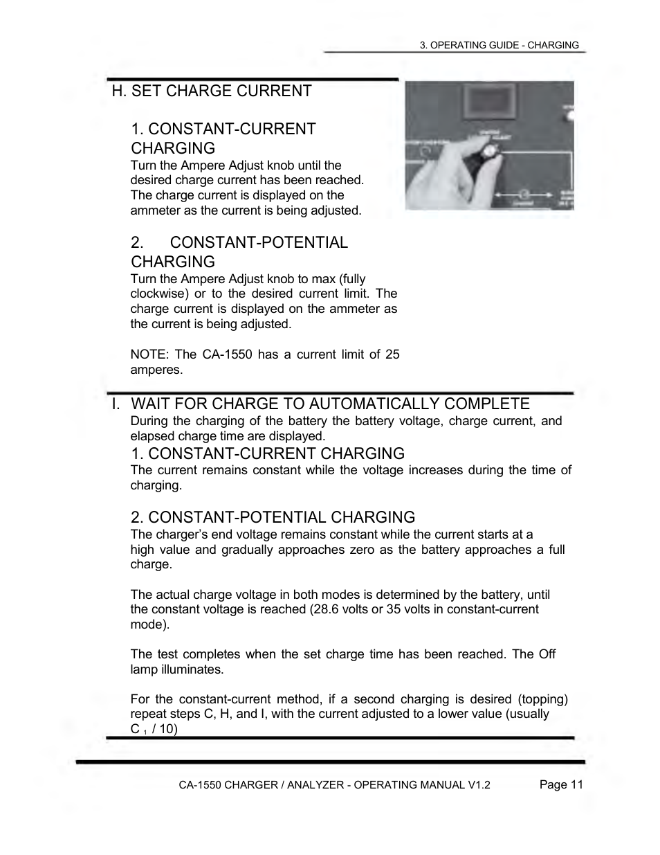 H. set charge current 1. constant-current charging, Constant-potential charging, I. wait for charge to automatically complete | Constant-current charging | Lamar Technologies CA 1550 User Manual | Page 13 / 41