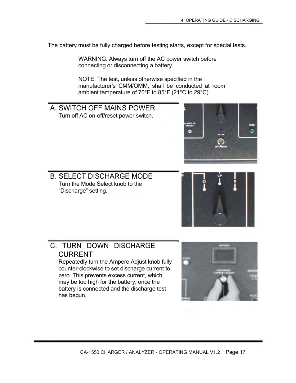 A. switch off mains power, B. select discharge mode, C. turn down discharge current | Lamar Technologies CA 1550 User Manual | Page 19 / 41