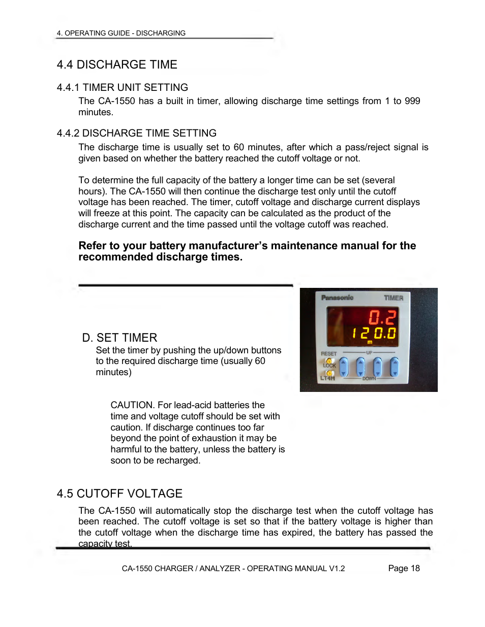 4 discharge time, D. set timer, 5 cutoff voltage | Lamar Technologies CA 1550 User Manual | Page 20 / 41