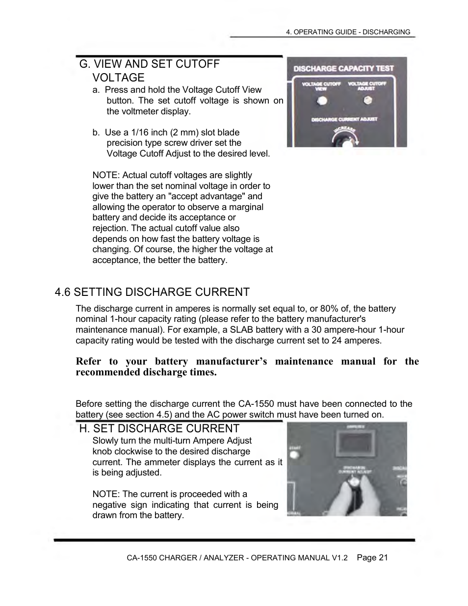 G. view and set cutoff voltage, 6 setting discharge current, H. set discharge current | Lamar Technologies CA 1550 User Manual | Page 23 / 41