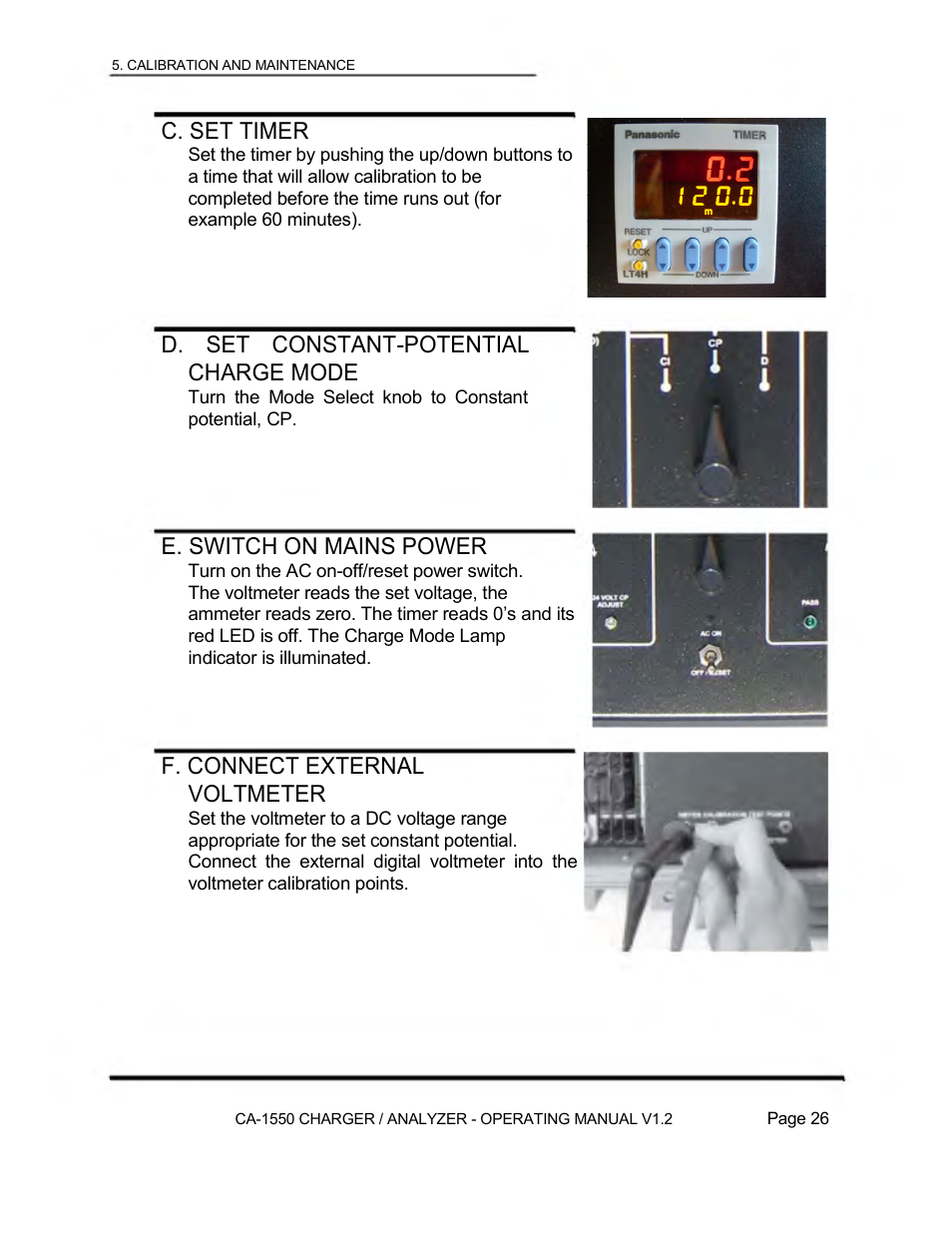 C. set timer, D. set constant-potential charge mode, E. switch on mains power | F. connect external voltmeter | Lamar Technologies CA 1550 User Manual | Page 28 / 41