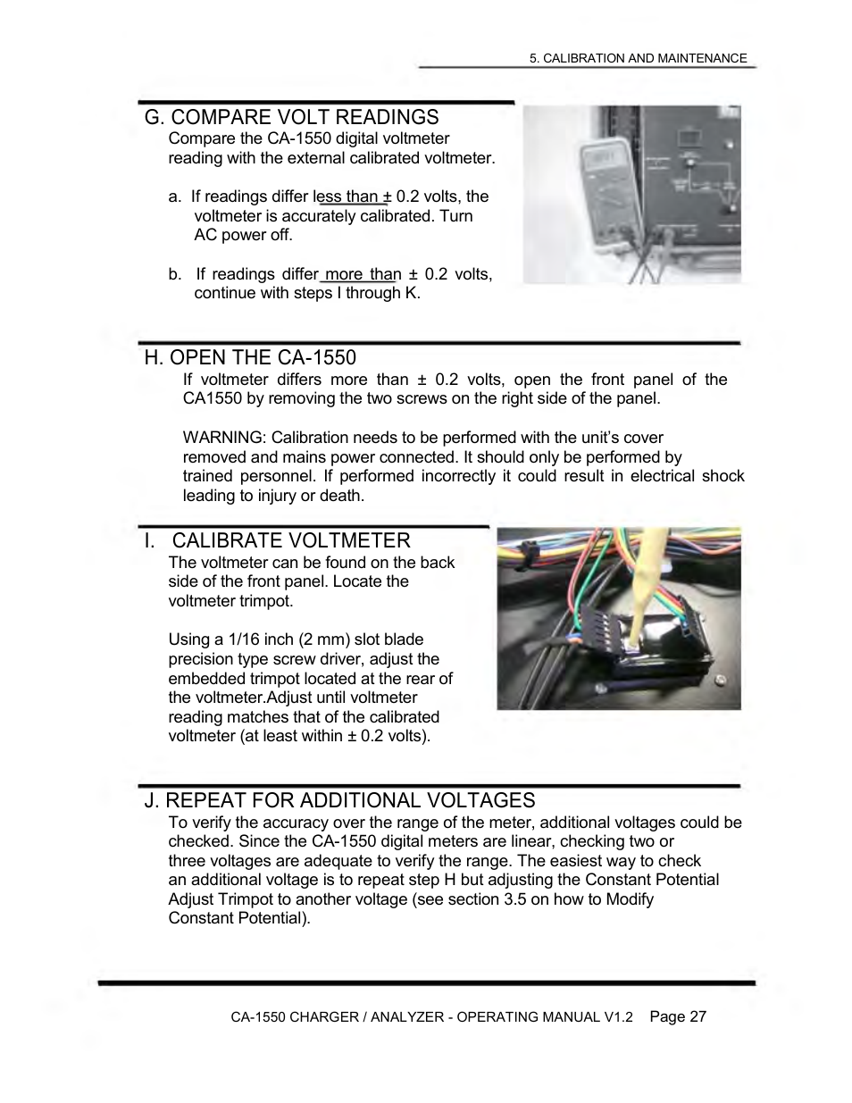 G. compare volt readings, H. open the ca-1550, I. calibrate voltmeter | J. repeat for additional voltages | Lamar Technologies CA 1550 User Manual | Page 29 / 41
