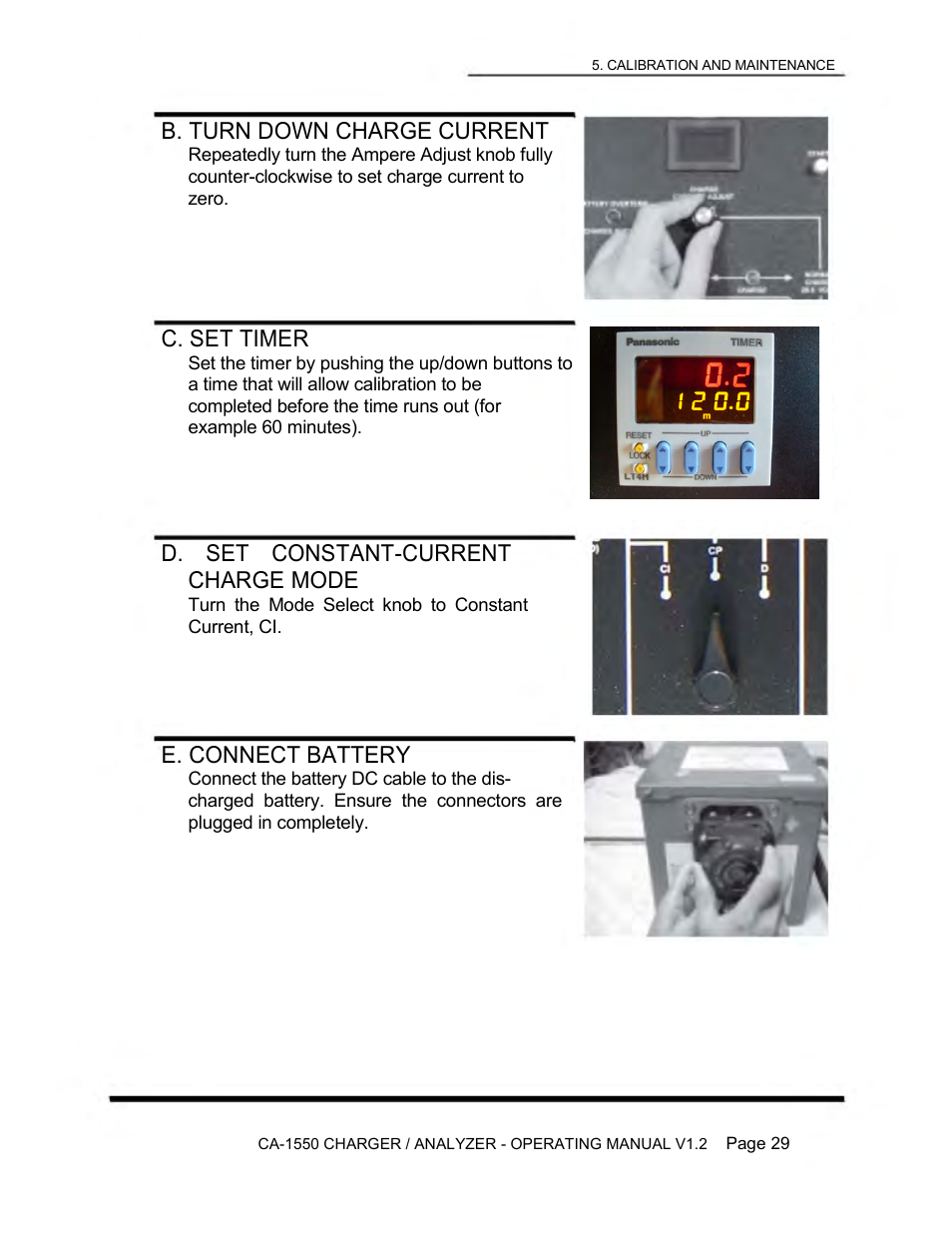 B. turn down charge current, C. set timer, D. set constant-current charge mode | E. connect battery | Lamar Technologies CA 1550 User Manual | Page 31 / 41