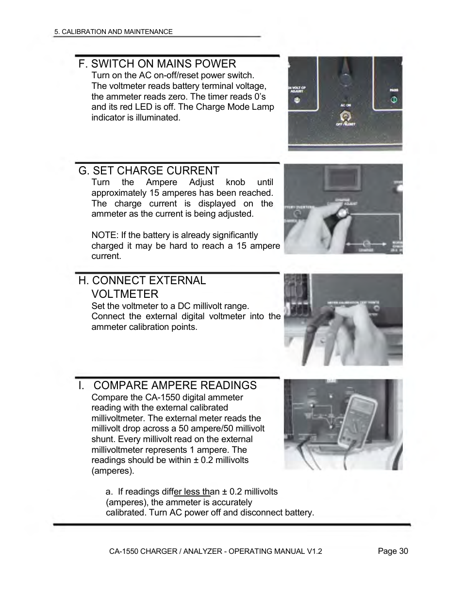 F. switch on mains power, G. set charge current, H. connect external voltmeter | I. compare ampere readings | Lamar Technologies CA 1550 User Manual | Page 32 / 41
