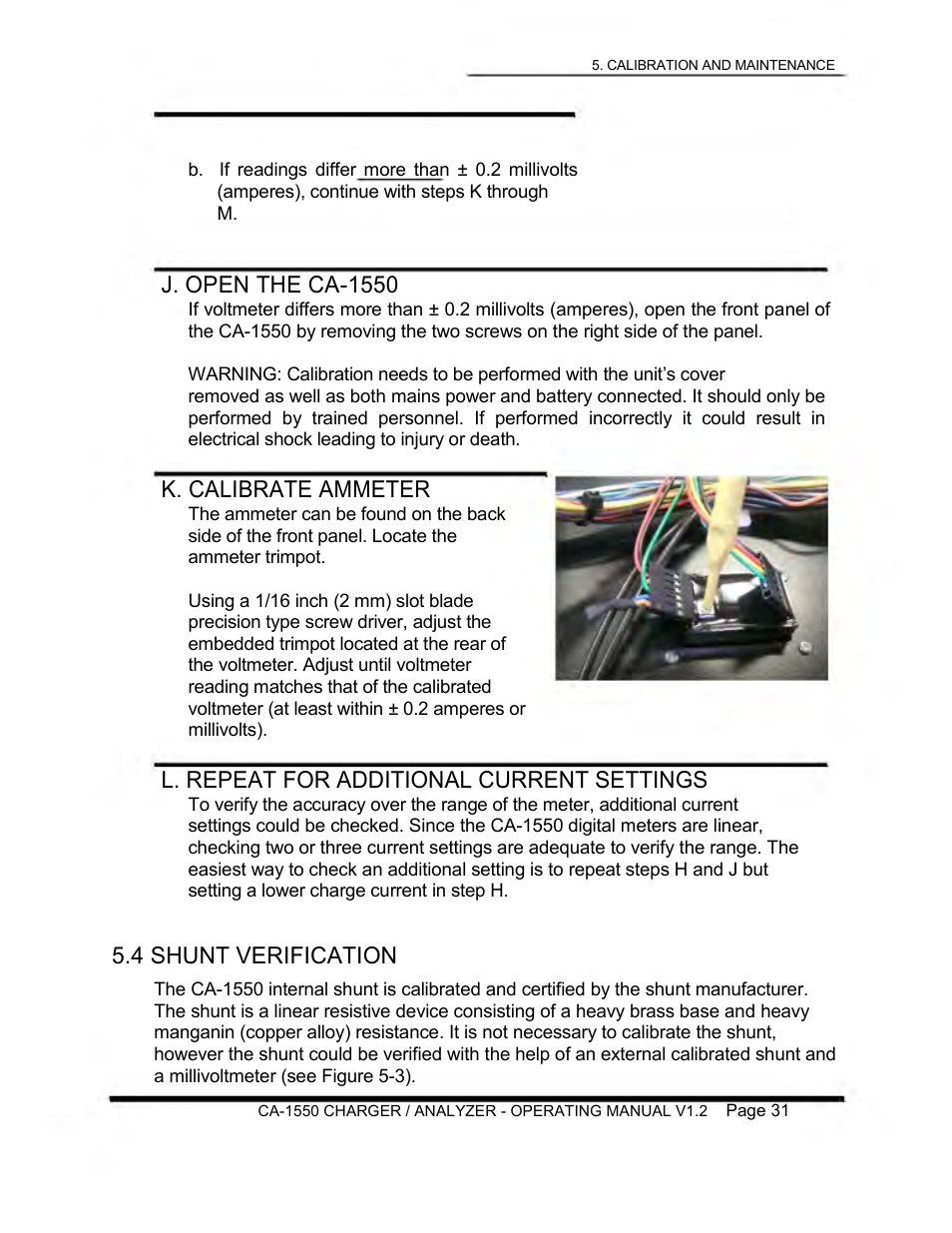 J. open the ca-1550, K. calibrate ammeter, L. repeat for additional current settings | 4 shunt verification | Lamar Technologies CA 1550 User Manual | Page 33 / 41