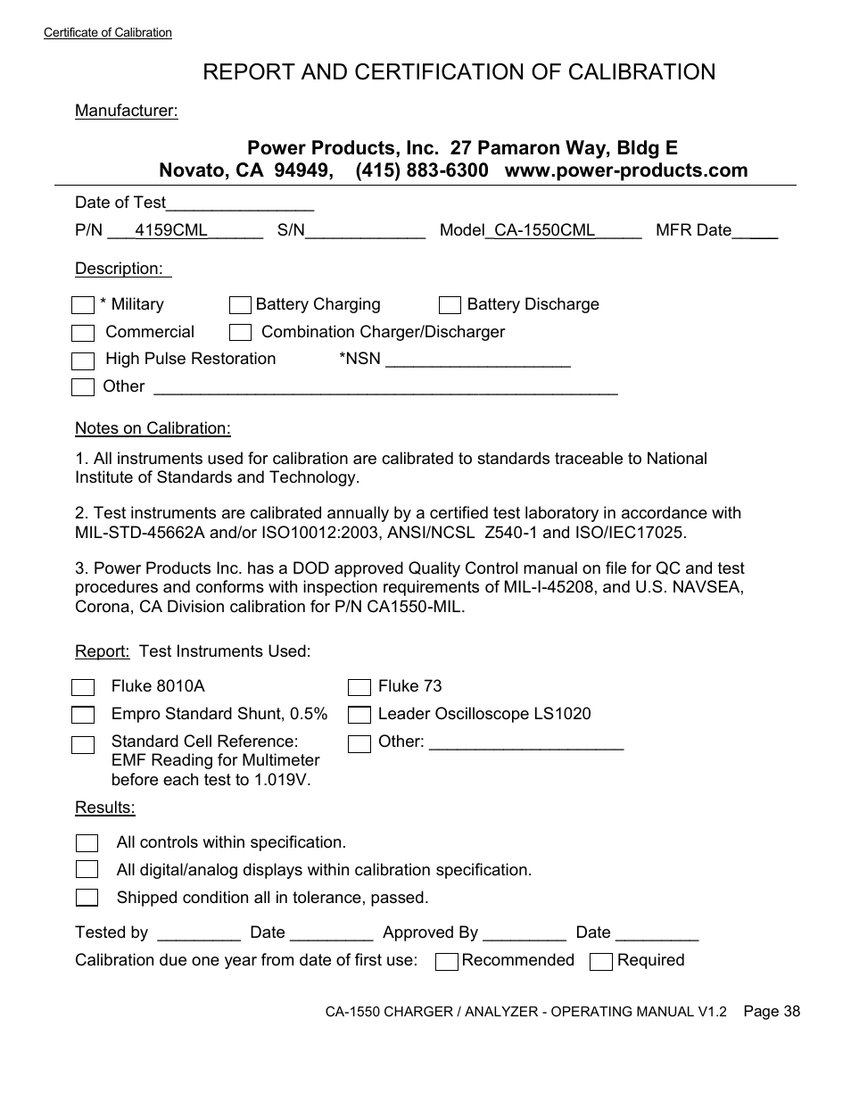 Report and certification of calibration | Lamar Technologies CA 1550 User Manual | Page 40 / 41