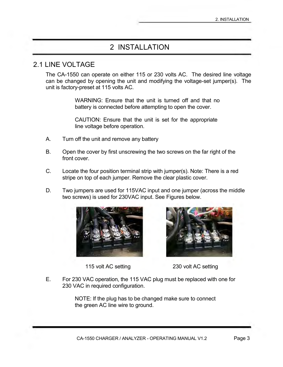 2 installation, 1 line voltage | Lamar Technologies CA 1550 User Manual | Page 5 / 41