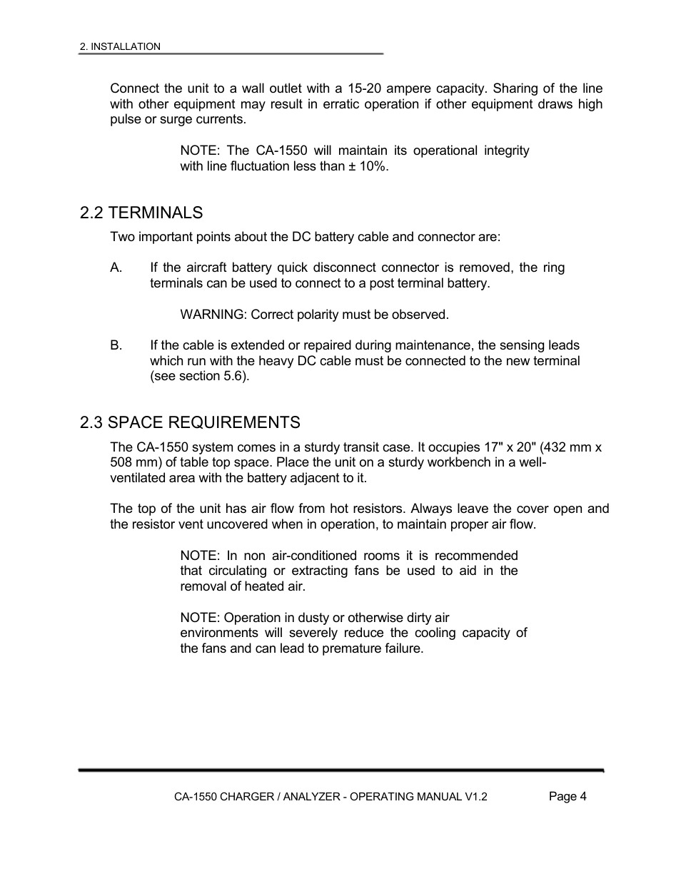 2 terminals, 3 space requirements | Lamar Technologies CA 1550 User Manual | Page 6 / 41