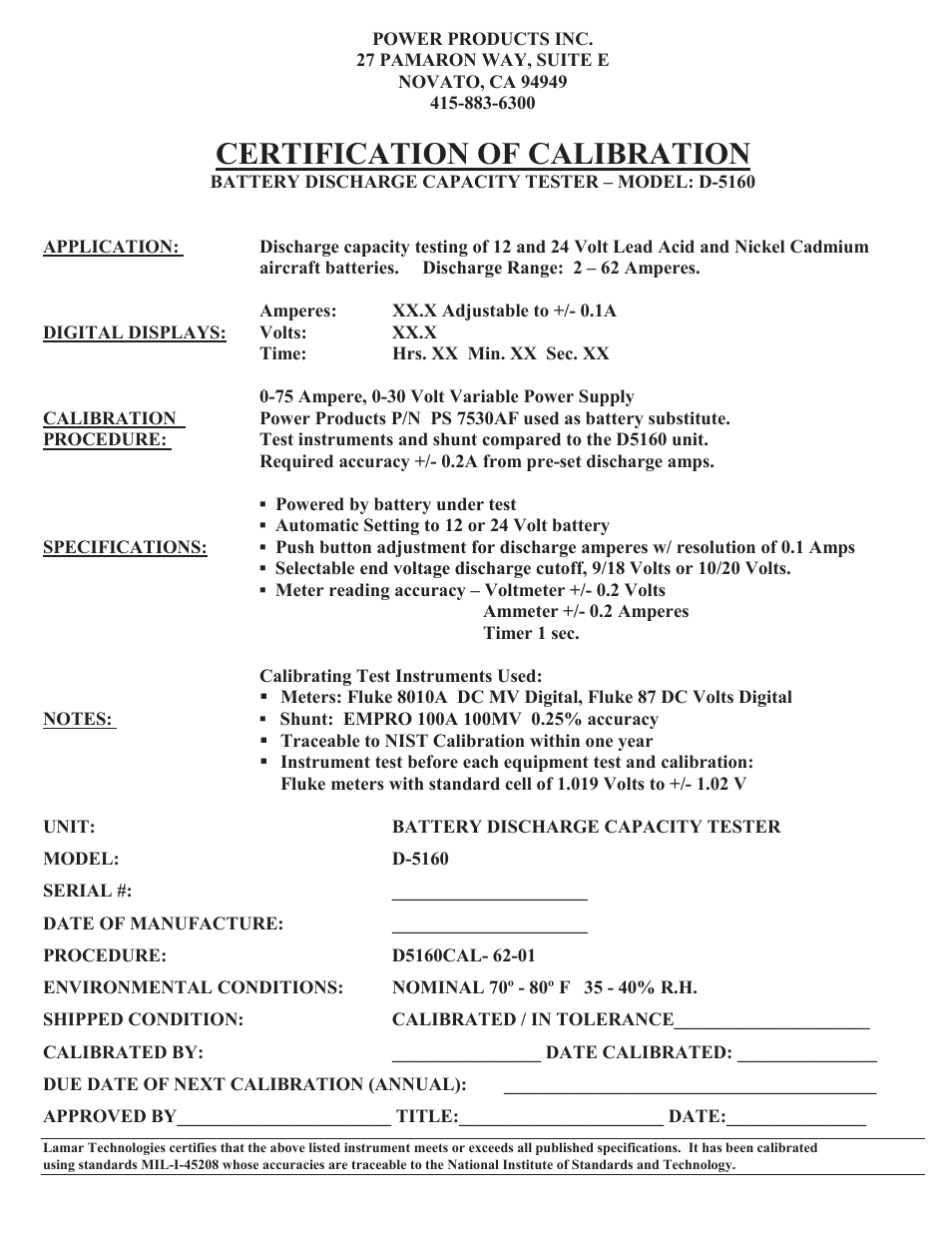 Certification of calibration | Lamar Technologies D-1560 User Manual | Page 12 / 13