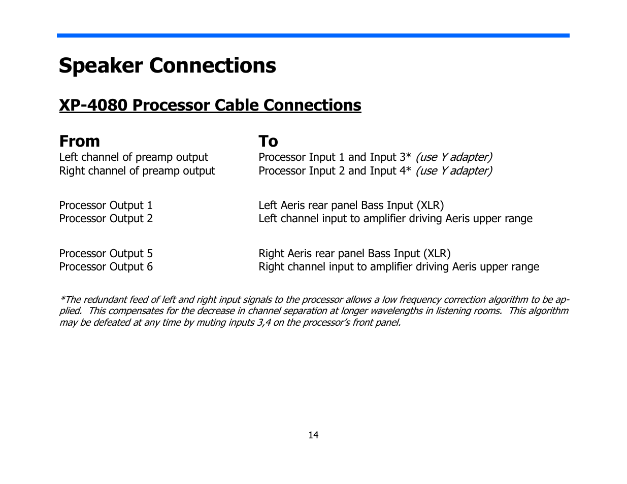 Speaker connections, Xp-4080 processor cable connections | Legacy Audio AERIS User Manual | Page 14 / 29