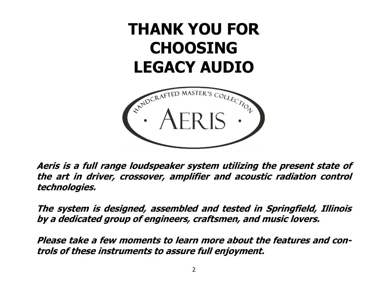 Legacy Audio AERIS User Manual | Page 2 / 29