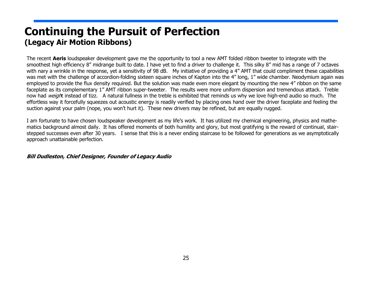 Continuing the pursuit of perfection, Legacy air motion ribbons) | Legacy Audio AERIS User Manual | Page 25 / 29