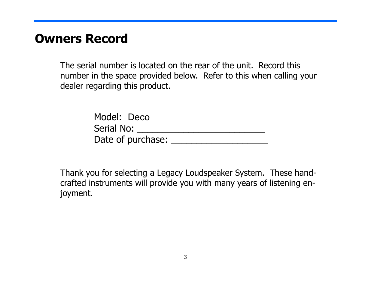 Owners record | Legacy Audio Deco User Manual | Page 3 / 19