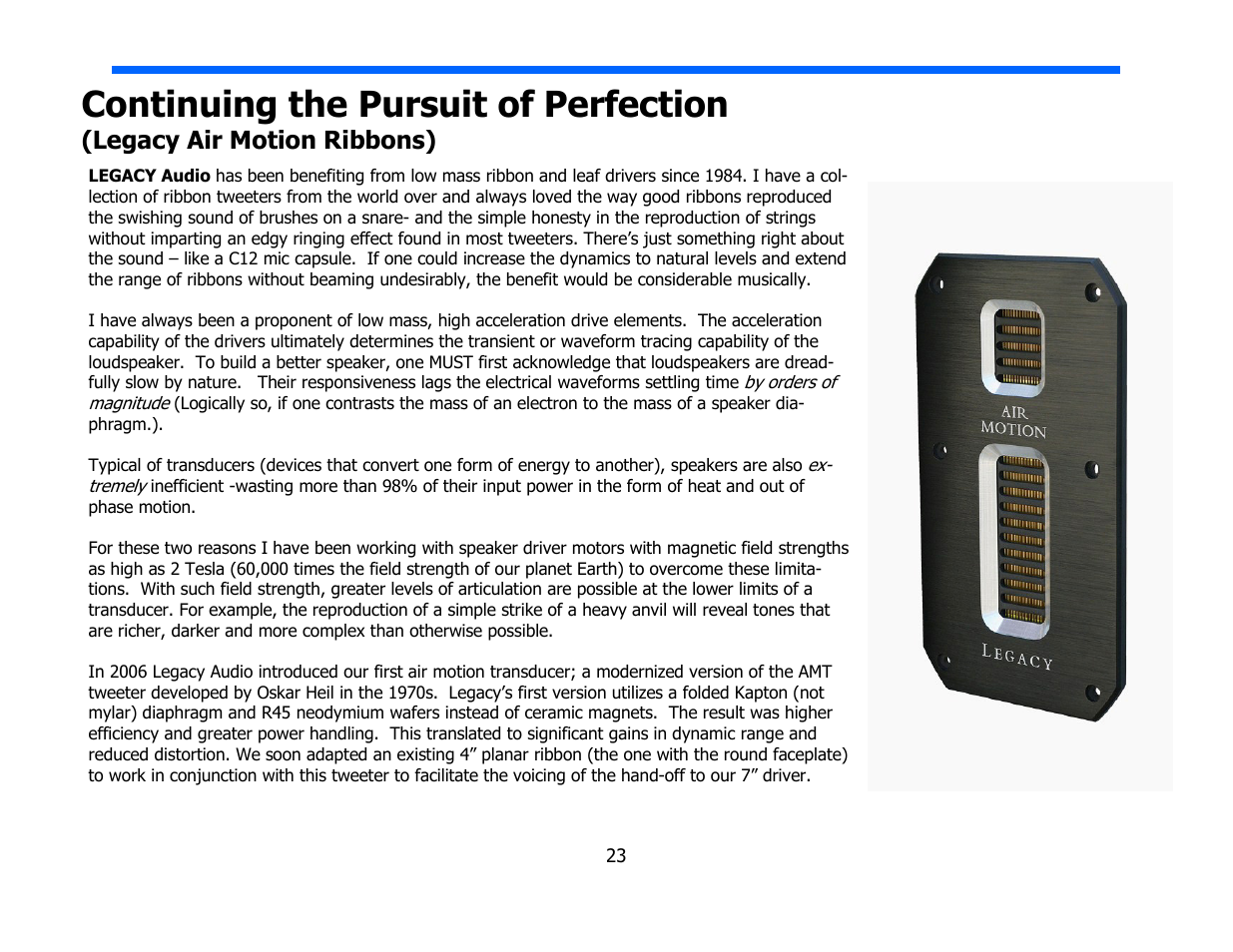 Continuing the pursuit of perfection, Legacy air motion ribbons) | Legacy Audio Focus SE User Manual | Page 23 / 28