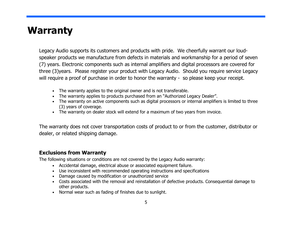 Warranty | Legacy Audio Focus SE User Manual | Page 5 / 28