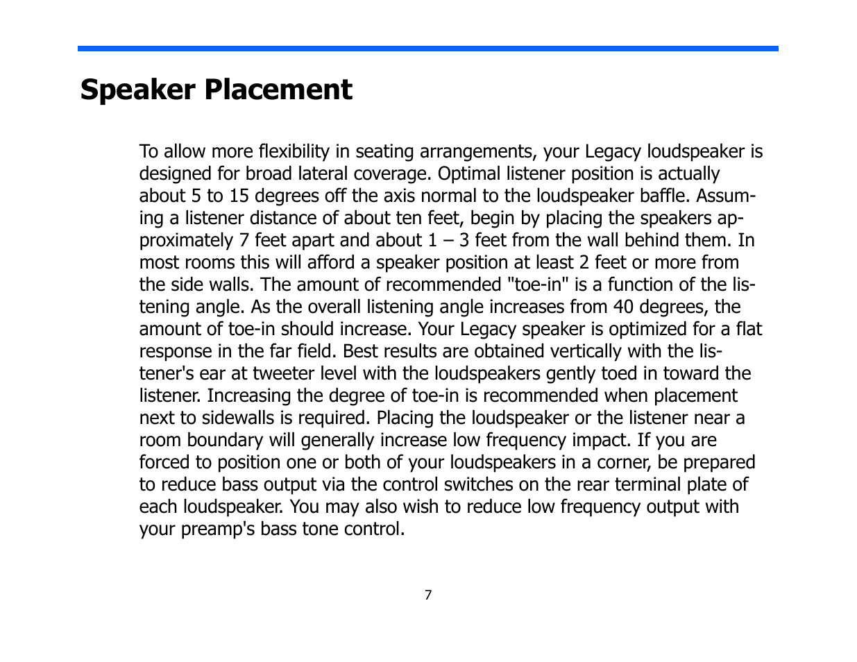 Speaker placement | Legacy Audio Focus SE User Manual | Page 7 / 28