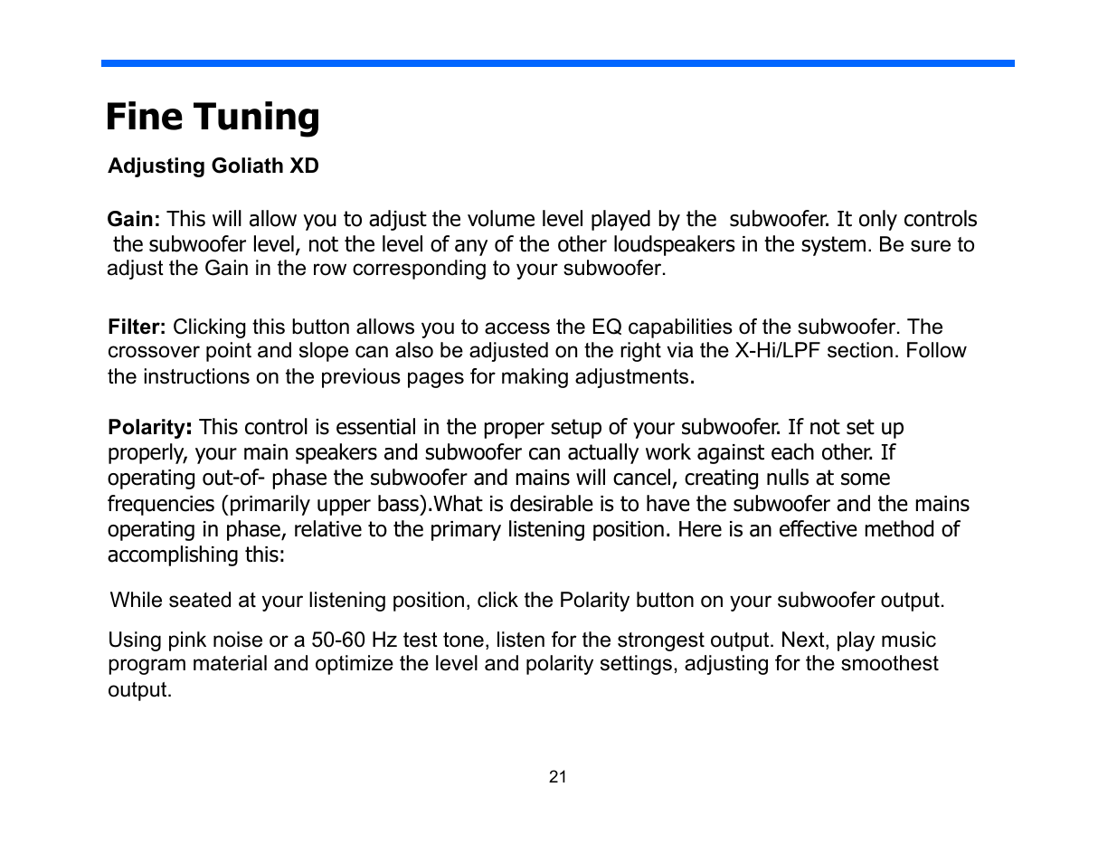 Fine tuning | Legacy Audio Goliath XD User Manual | Page 21 / 26
