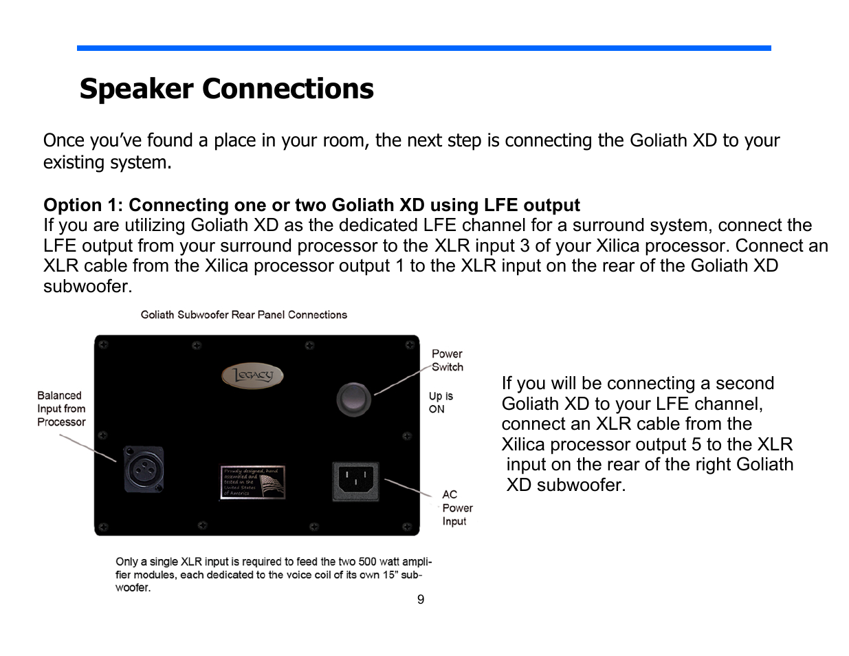 Speaker connections | Legacy Audio Goliath XD User Manual | Page 9 / 26