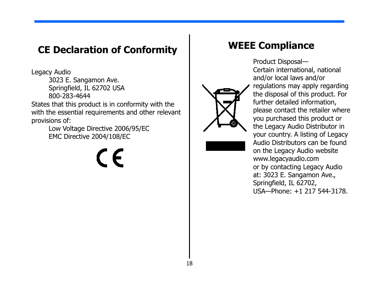 Ce declaration of conformity weee compliance | Legacy Audio Phantom HD User Manual | Page 18 / 20