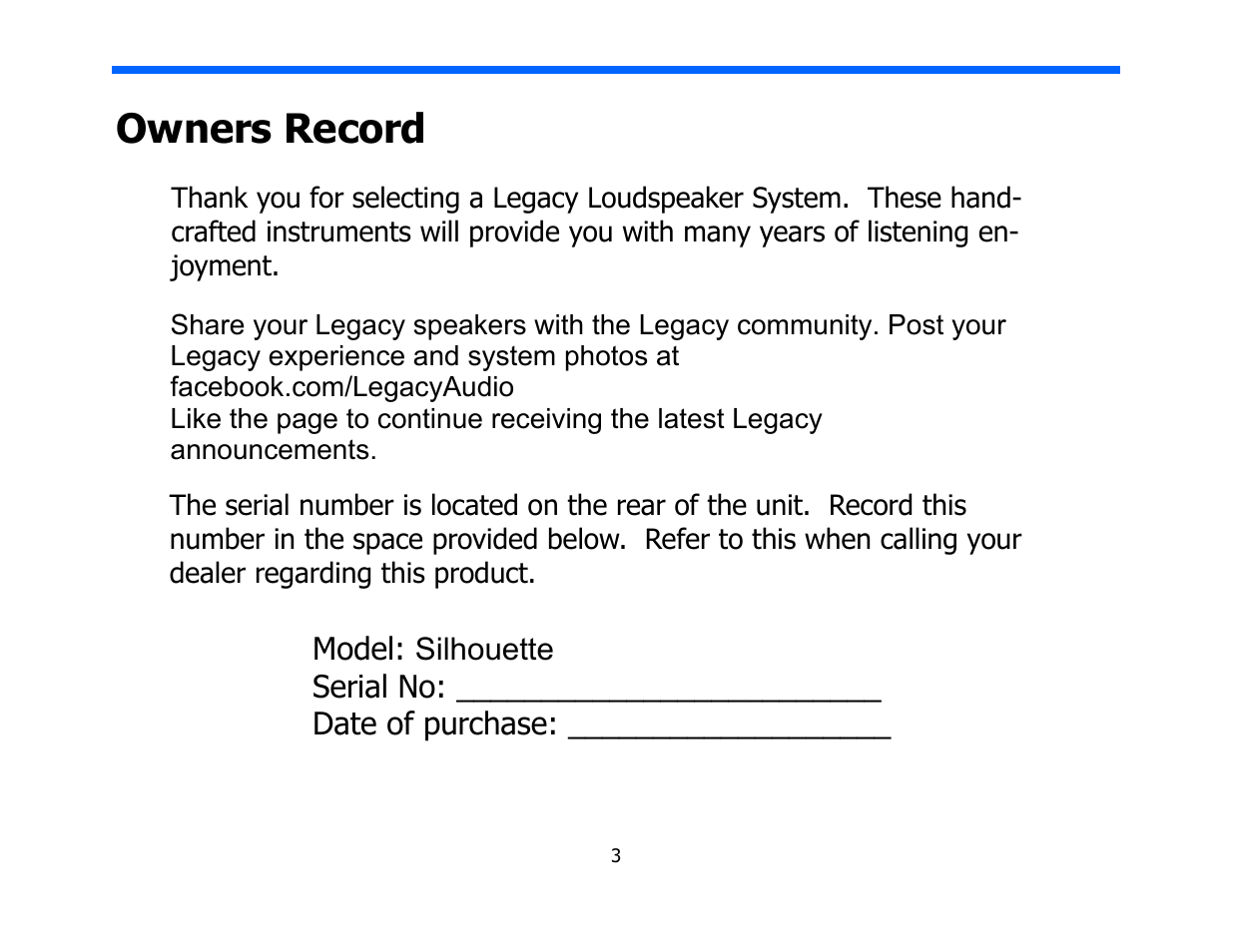 Owners record | Legacy Audio Silhouette User Manual | Page 3 / 19