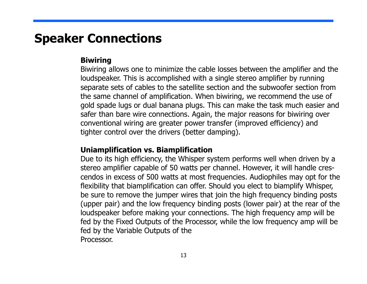 Speaker connections | Legacy Audio Whisper HD User Manual | Page 13 / 19