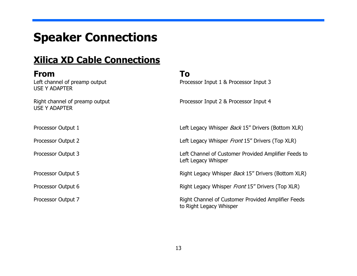 Speaker connections, Xilica xd cable connections | Legacy Audio Whisper XDS User Manual | Page 13 / 31