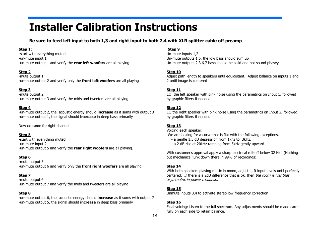 Installer calibration instructions | Legacy Audio Whisper XDS User Manual | Page 14 / 31