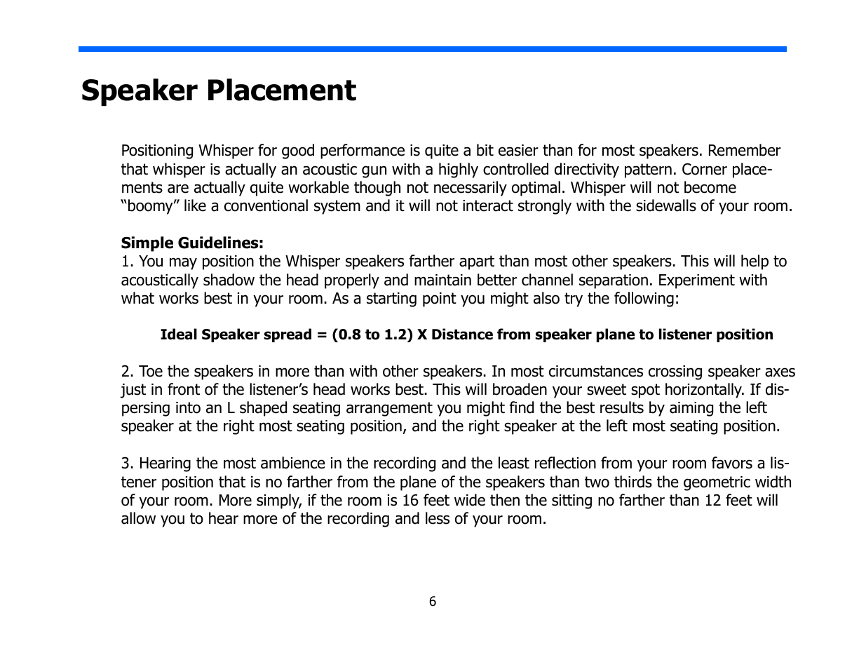 Speaker placement | Legacy Audio Whisper XDS User Manual | Page 6 / 31