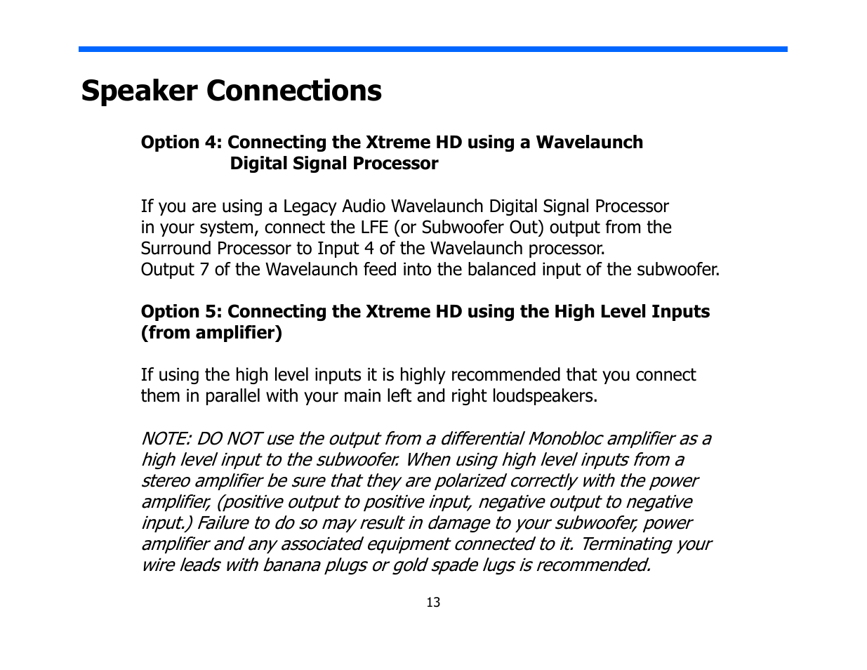 Speaker connections | Legacy Audio Xtreme XD User Manual | Page 13 / 22