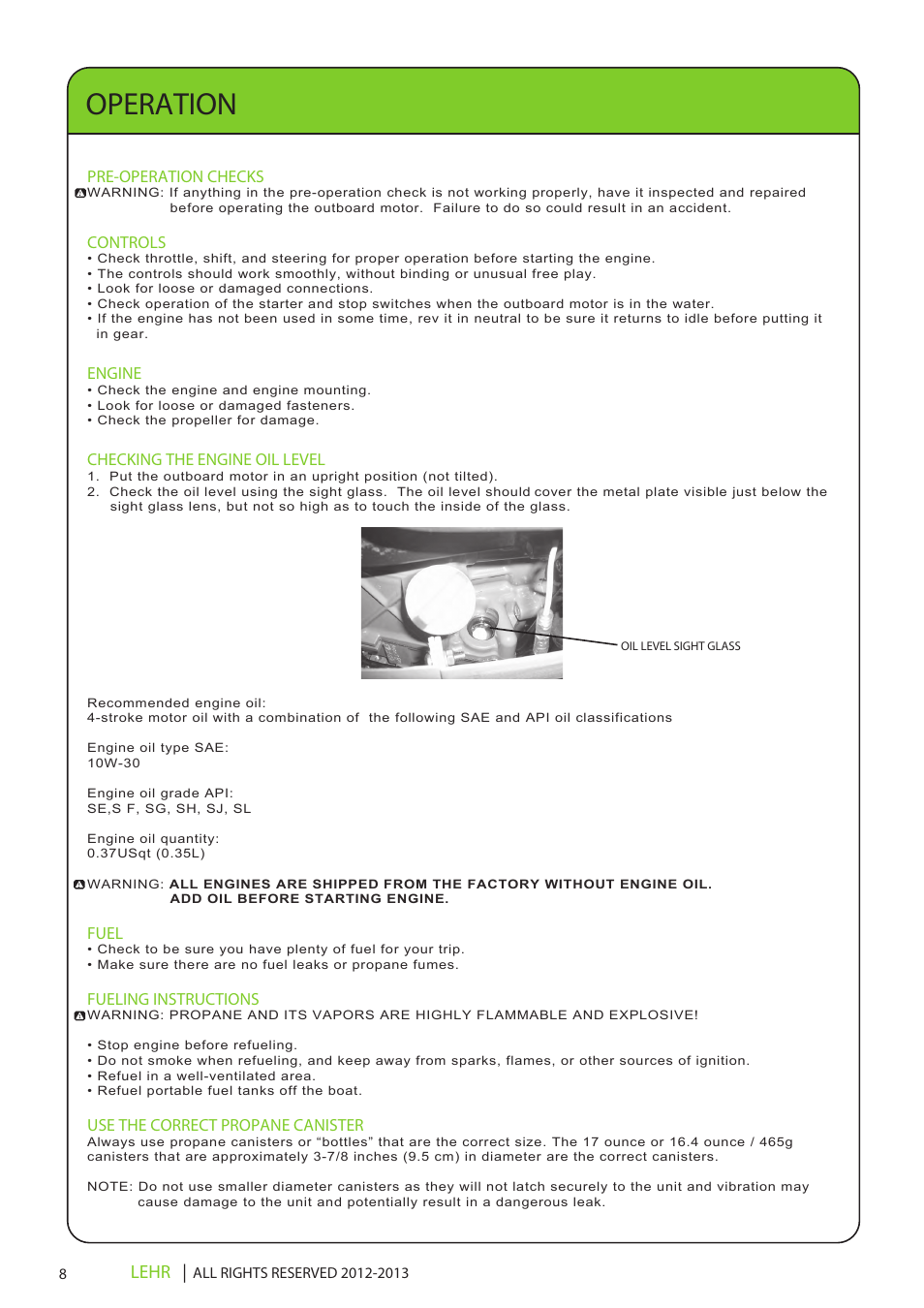 Ob 072 operators manual draft 1 10, Operation, Lehr | LEHR 2.5 HP 4-STROKE User Manual | Page 10 / 30