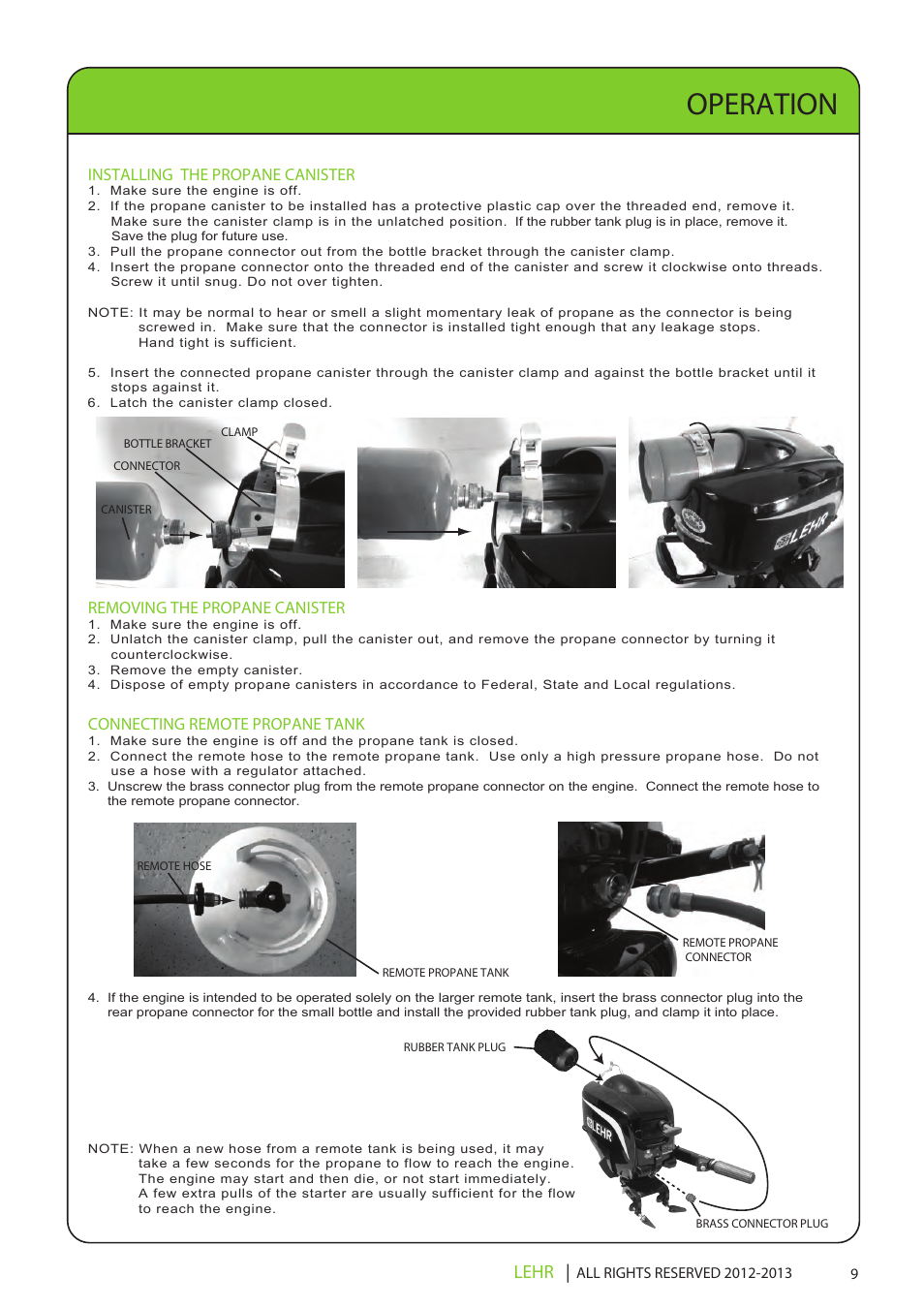 Ob 072 operators manual draft 1 11, Operation, Lehr | Installing the propane canister, Removing the propane canister, Connecting remote propane tank | LEHR 2.5 HP 4-STROKE User Manual | Page 11 / 30