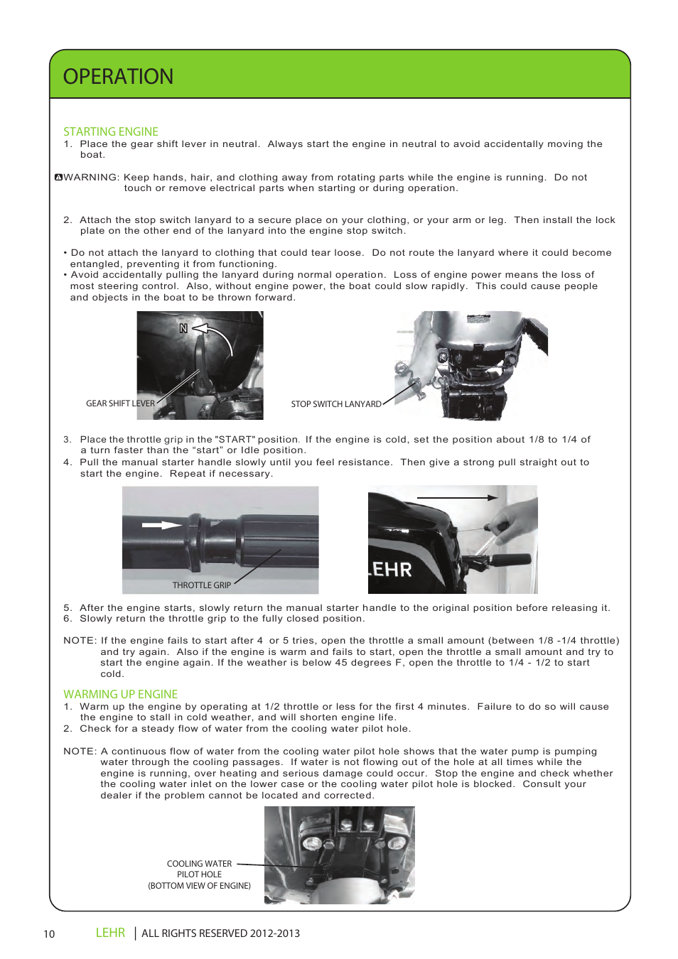 Ob 072 operators manual draft 1 12, Operation, Lehr | Warming up engine, Starting engine | LEHR 2.5 HP 4-STROKE User Manual | Page 12 / 30