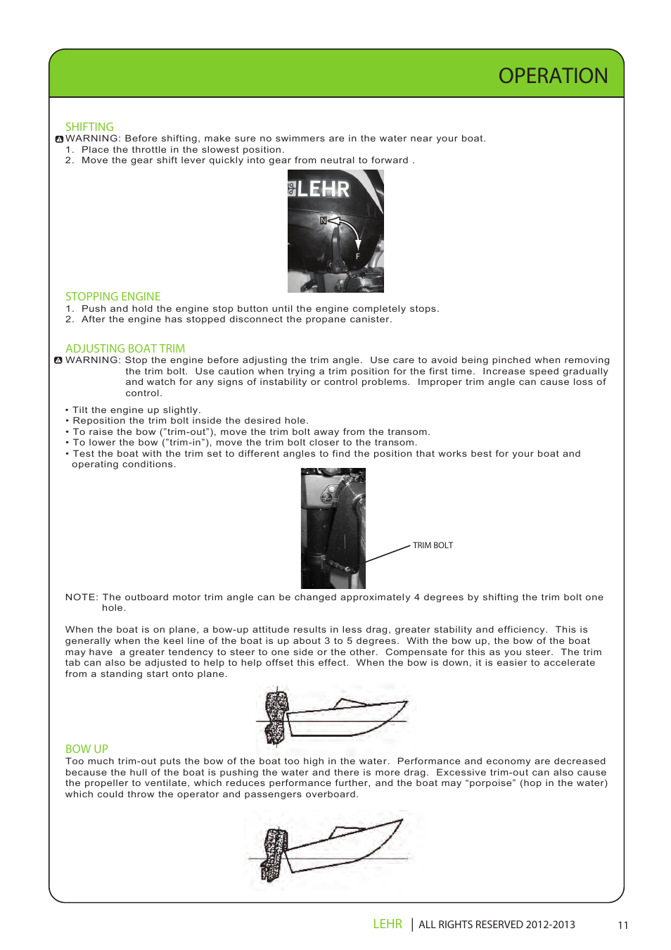 Ob 072 operators manual draft 1 13, Operation, Lehr | Shifting, Stopping engine, Adjusting boat trim, Bow up | LEHR 2.5 HP 4-STROKE User Manual | Page 13 / 30