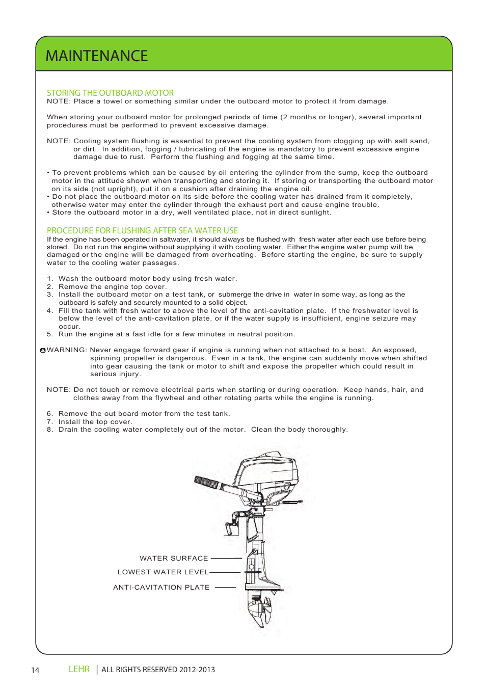 Ob 072 operators manual draft 1 16, Maintenance, Lehr | Storing the outboard motor, Procedure for flushing after sea water use | LEHR 2.5 HP 4-STROKE User Manual | Page 16 / 30