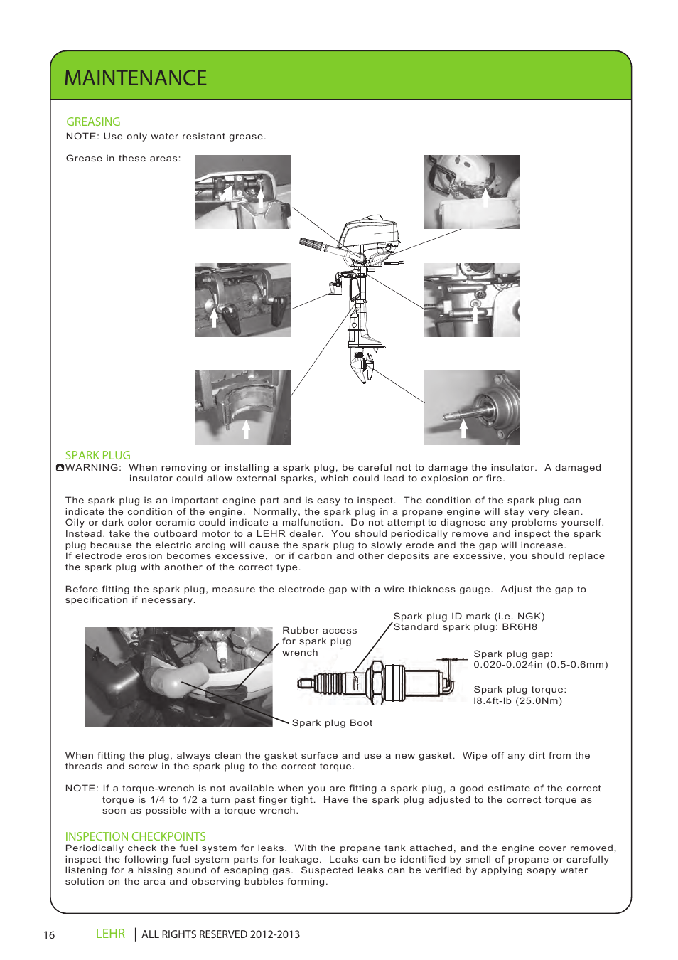 Ob 072 operators manual draft 1 18, Maintenance, Lehr | Greasing, Spark plug, Inspection checkpoints | LEHR 2.5 HP 4-STROKE User Manual | Page 18 / 30