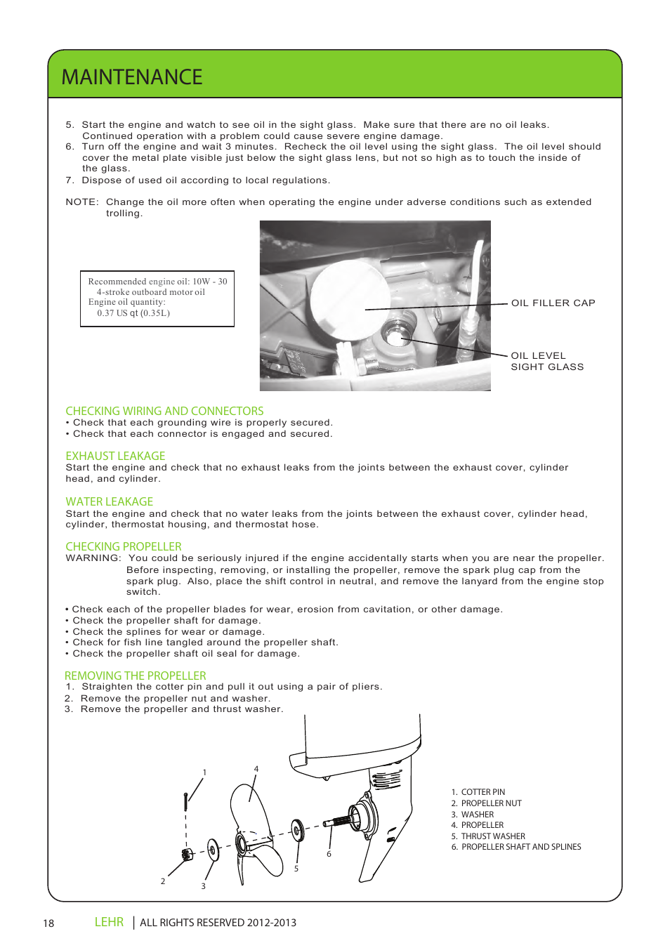 Ob 072 operators manual draft 1 20, Maintenance, Lehr | Checking wiring and connectors, Exhaust leakage, Water leakage, Checking propeller, Removing the propeller | LEHR 2.5 HP 4-STROKE User Manual | Page 20 / 30