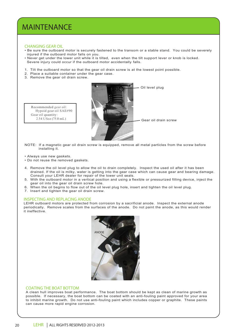 Ob 072 operators manual draft 1 22, Maintenance, Lehr | Changing gear oil, Inspecting and replacing anode, Coating the boat bottom | LEHR 2.5 HP 4-STROKE User Manual | Page 22 / 30