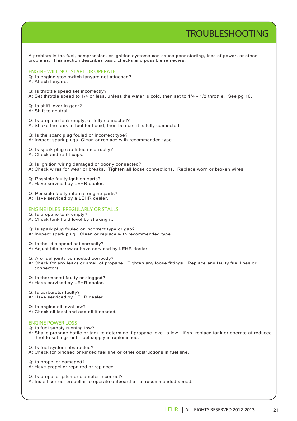 Ob 072 operators manual draft 1 23, Troubleshooting, Lehr | Engine will not start or operate, Engine idles irregularly or stalls, Engine power loss | LEHR 2.5 HP 4-STROKE User Manual | Page 23 / 30