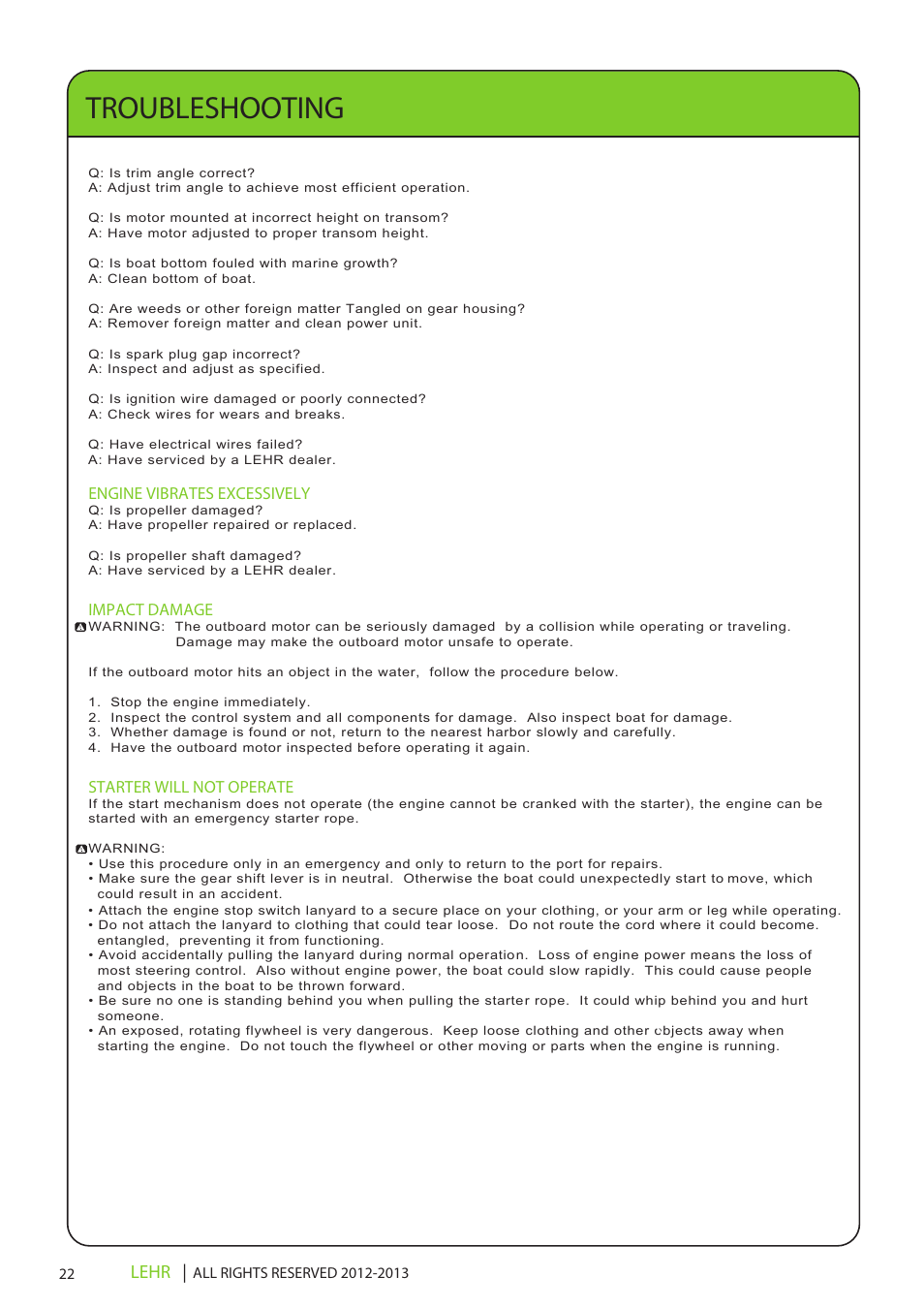 Ob 072 operators manual draft 1 24, Troubleshooting, Lehr | Engine vibrates excessively, Impact damage, Starter will not operate | LEHR 2.5 HP 4-STROKE User Manual | Page 24 / 30