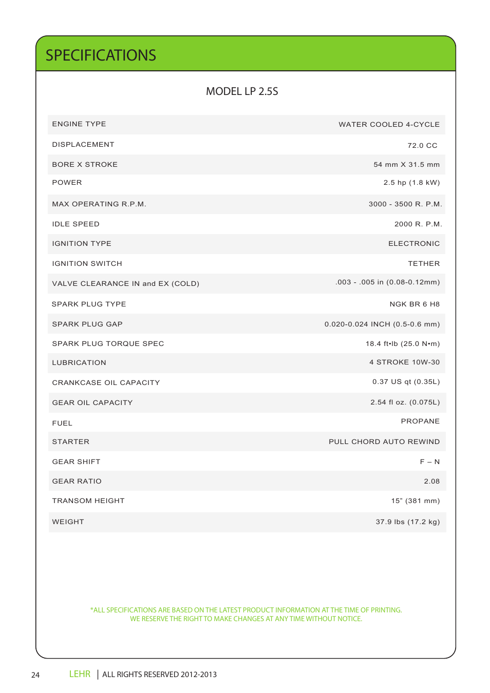 Ob 072 operators manual draft 1 26, Specifications, Model lp 2.5s | Lehr | LEHR 2.5 HP 4-STROKE User Manual | Page 26 / 30
